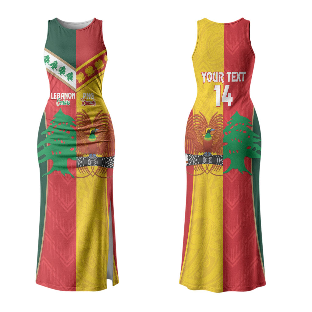 Custom Rugby Papua New Guinea and Lebanon Family Matching Tank Maxi Dress and Hawaiian Shirt PNG Kumuls Cedars Together