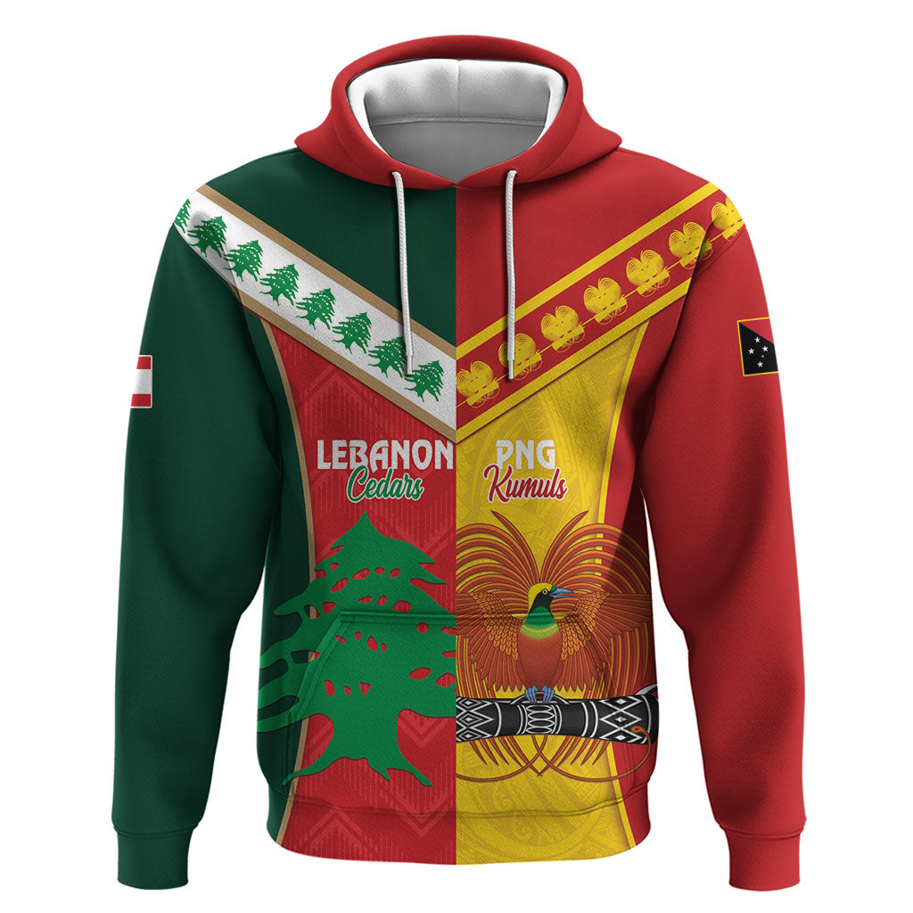 Custom Rugby Papua New Guinea and Lebanon Hoodie PNG Kumuls Cedars Together LT14 Pullover Hoodie Multicolor - Polynesian Pride
