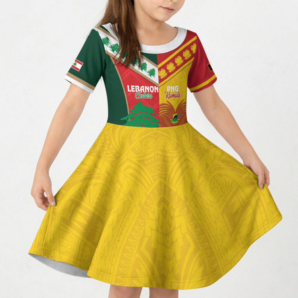 Custom Rugby Papua New Guinea and Lebanon Kid Short Sleeve Dress PNG Kumuls Cedars Together LT14 KID Multicolor - Polynesian Pride