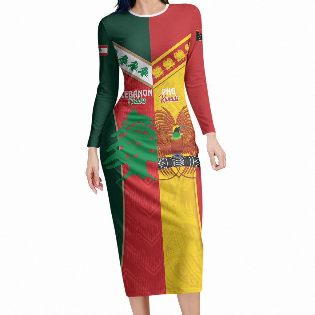 Custom Rugby Papua New Guinea and Lebanon Long Sleeve Bodycon Dress PNG Kumuls Cedars Together LT14 Long Dress Multicolor - Polynesian Pride