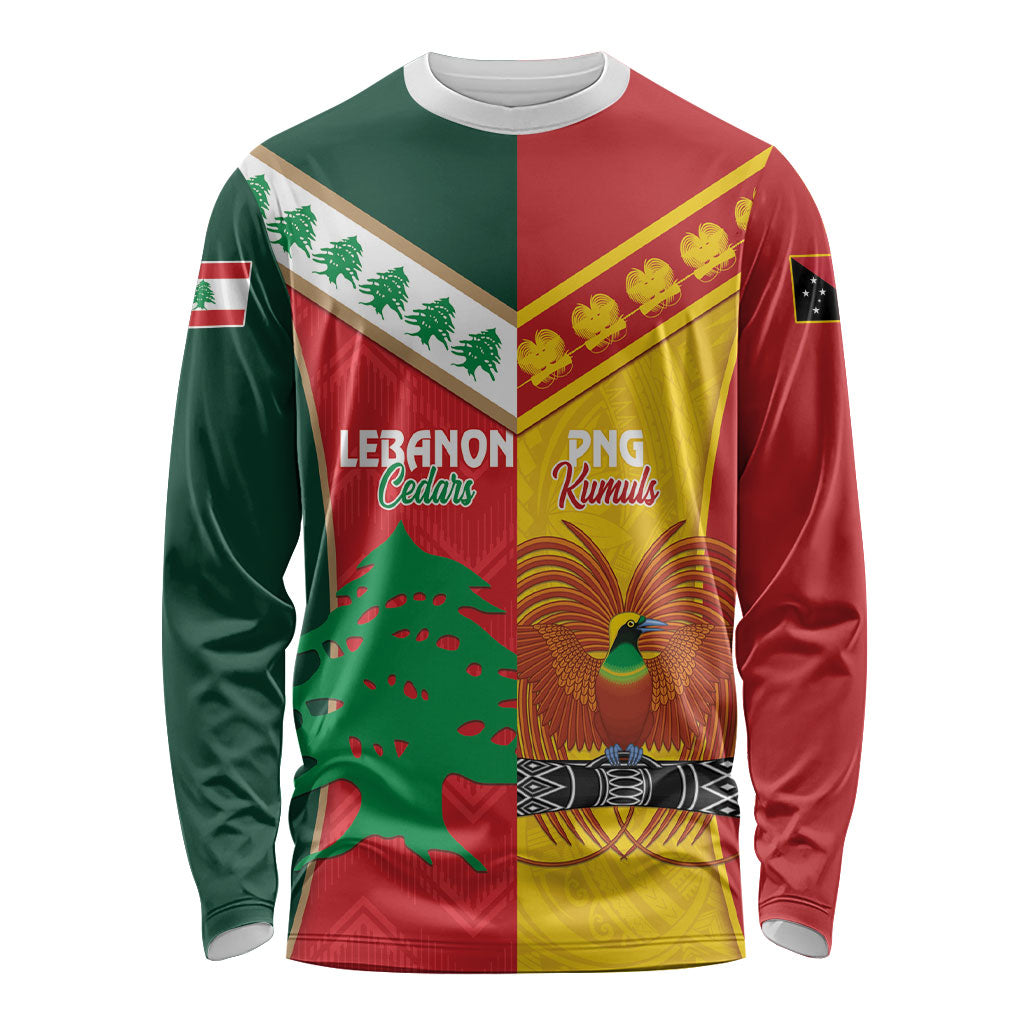 Custom Rugby Papua New Guinea and Lebanon Long Sleeve Shirt PNG Kumuls Cedars Together