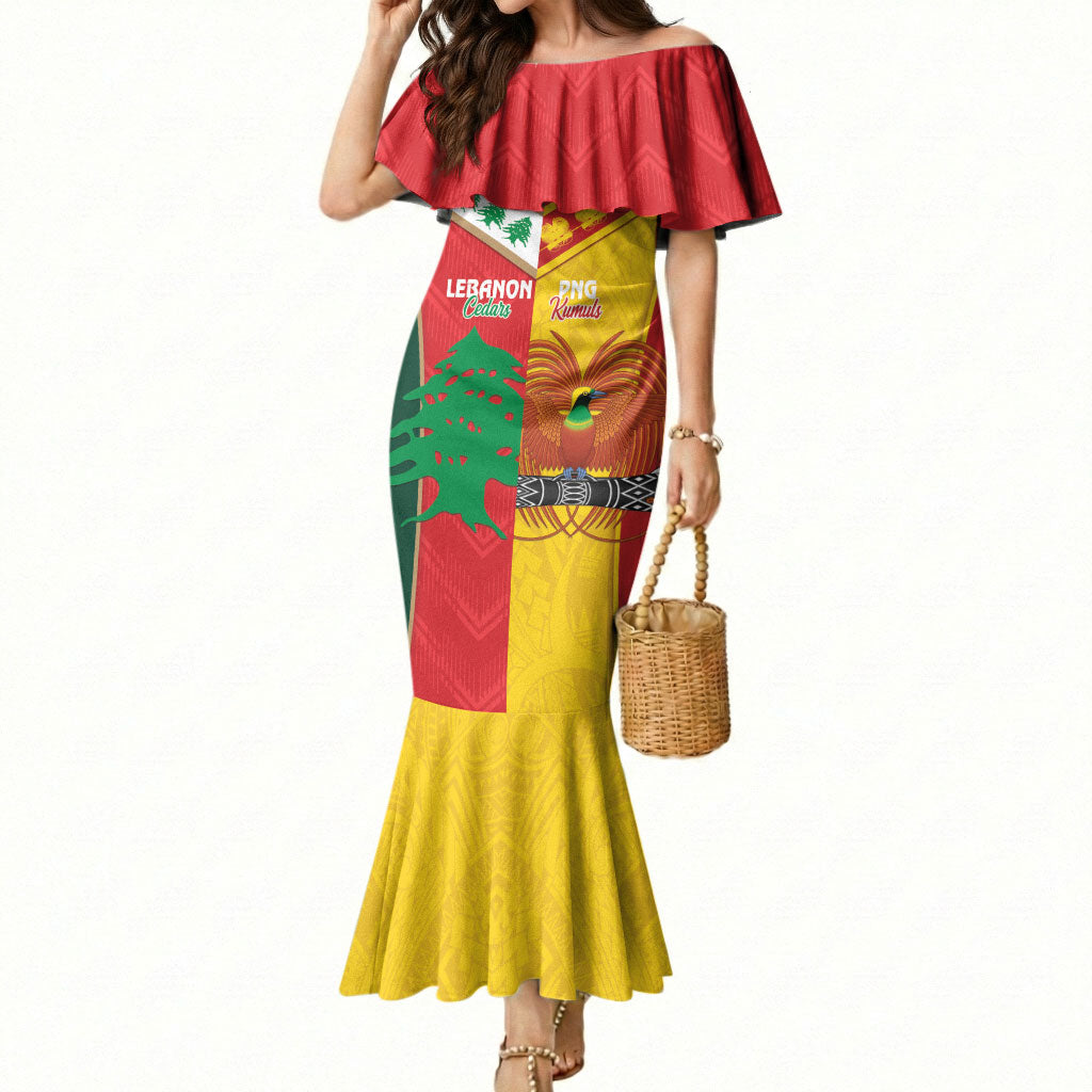 Custom Rugby Papua New Guinea and Lebanon Mermaid Dress PNG Kumuls Cedars Together LT14 Women Multicolor - Polynesian Pride