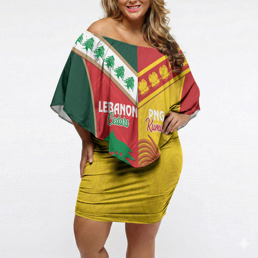 Custom Rugby Papua New Guinea and Lebanon Off Shoulder Short Dress PNG Kumuls Cedars Together LT14 Women Multicolor - Polynesian Pride
