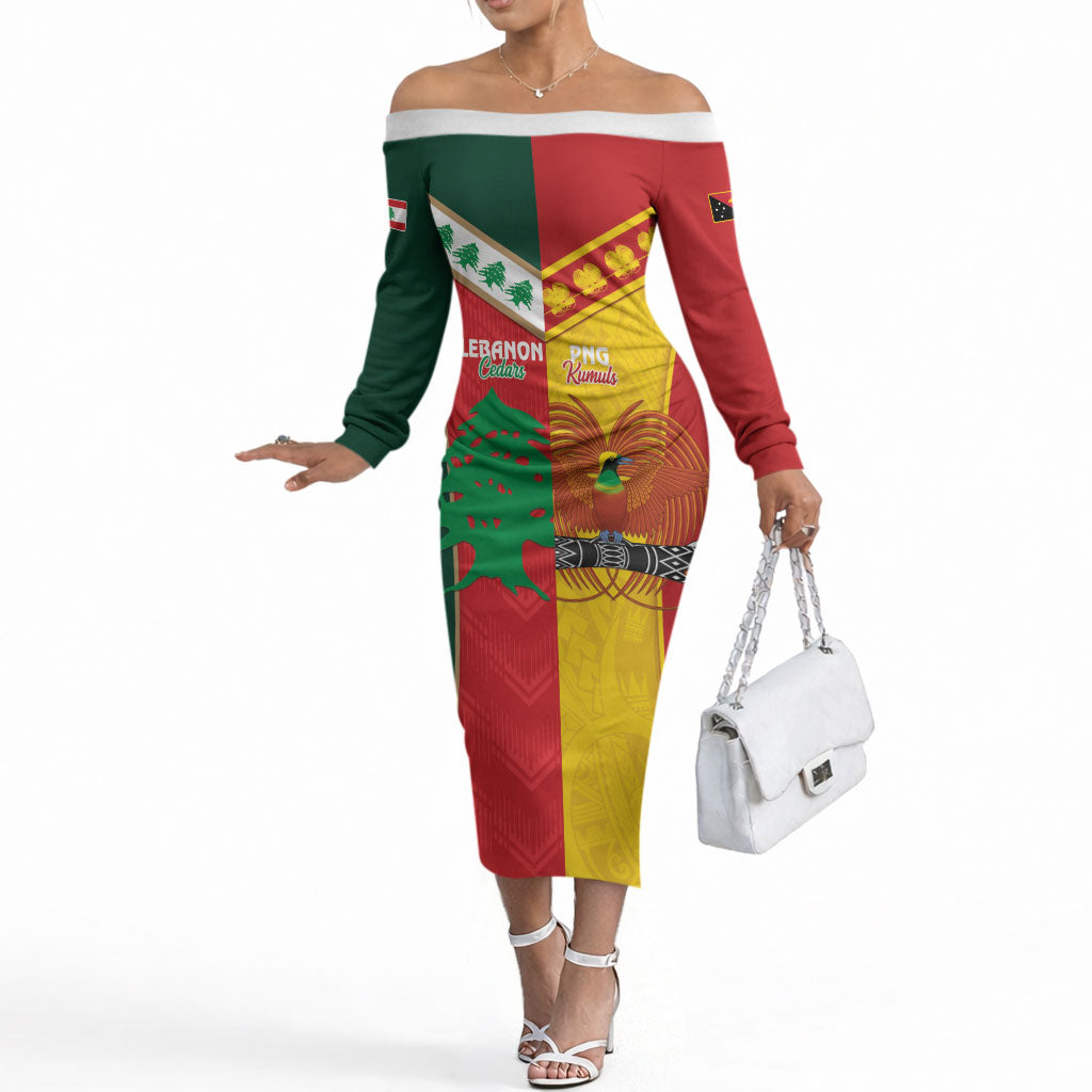 Custom Rugby Papua New Guinea and Lebanon Off The Shoulder Long Sleeve Dress PNG Kumuls Cedars Together LT14 Women Multicolor - Polynesian Pride