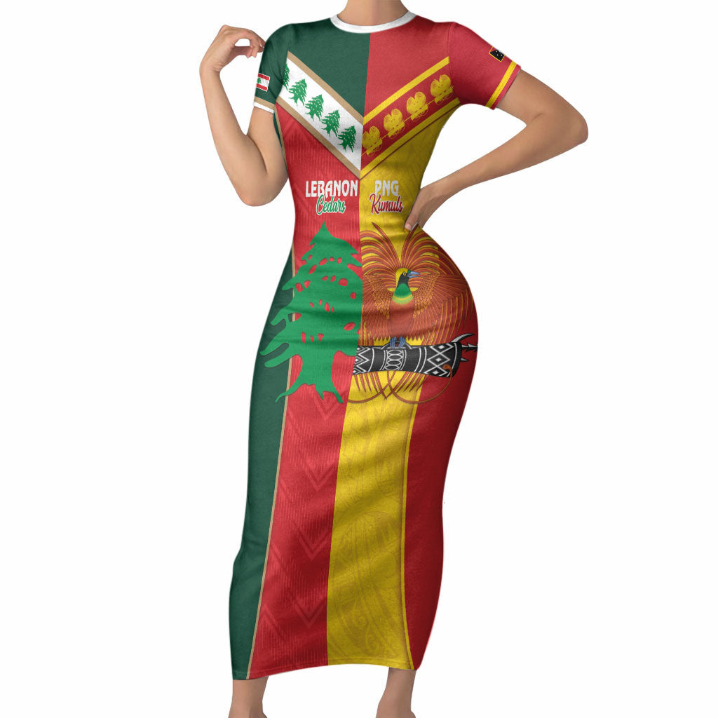 Custom Rugby Papua New Guinea and Lebanon Short Sleeve Bodycon Dress PNG Kumuls Cedars Together LT14 Long Dress Multicolor - Polynesian Pride