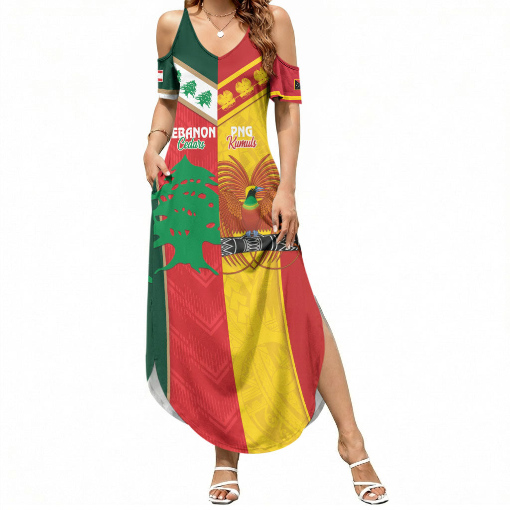 Custom Rugby Papua New Guinea and Lebanon Summer Maxi Dress PNG Kumuls Cedars Together LT14 Women Multicolor - Polynesian Pride