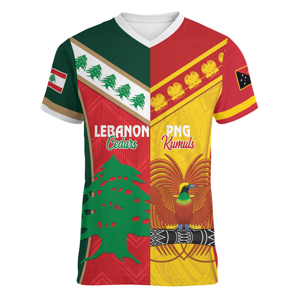 Custom Rugby Papua New Guinea and Lebanon Women V-Neck T-Shirt PNG Kumuls Cedars Together LT14 Female Multicolor - Polynesian Pride