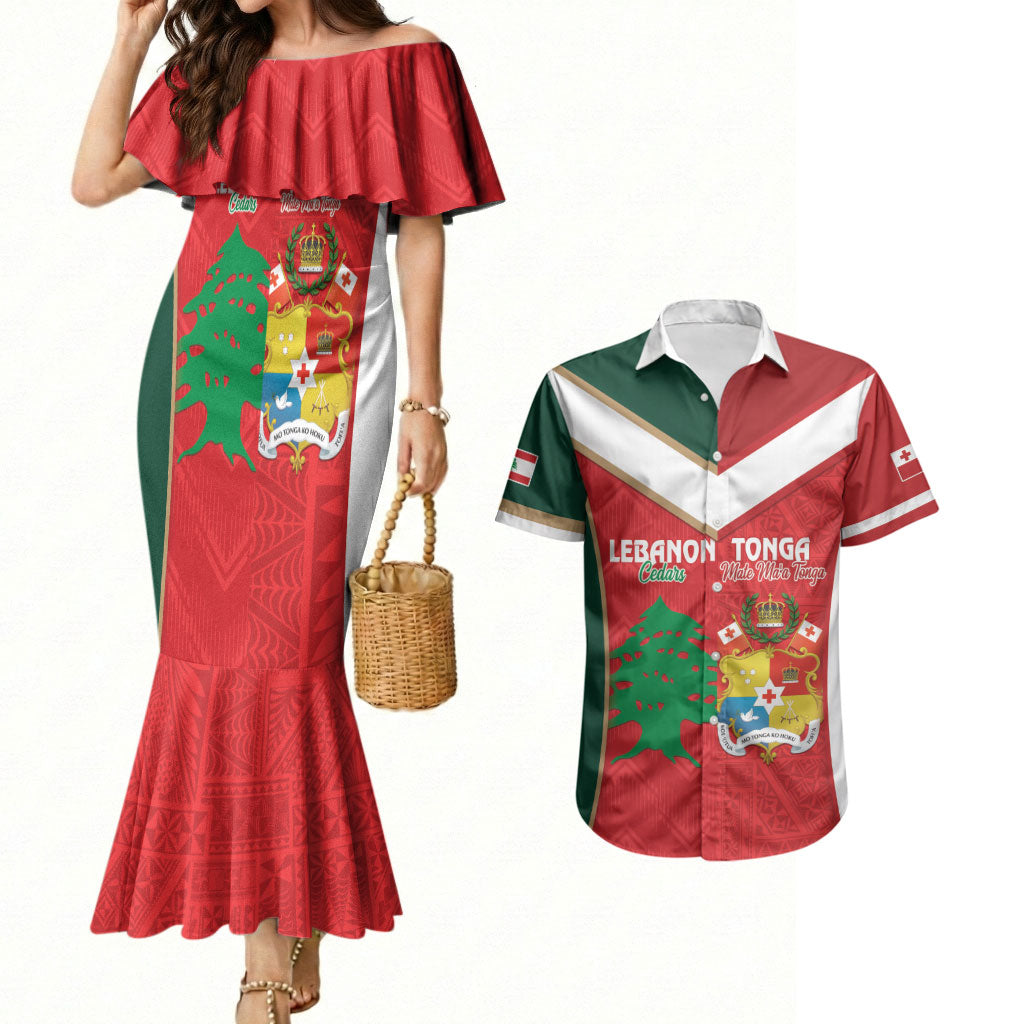 Custom Rugby Tonga and Lebanon Couples Matching Mermaid Dress and Hawaiian Shirt Mate Maa Tonga Cedars Together LT14 Multicolor - Polynesian Pride