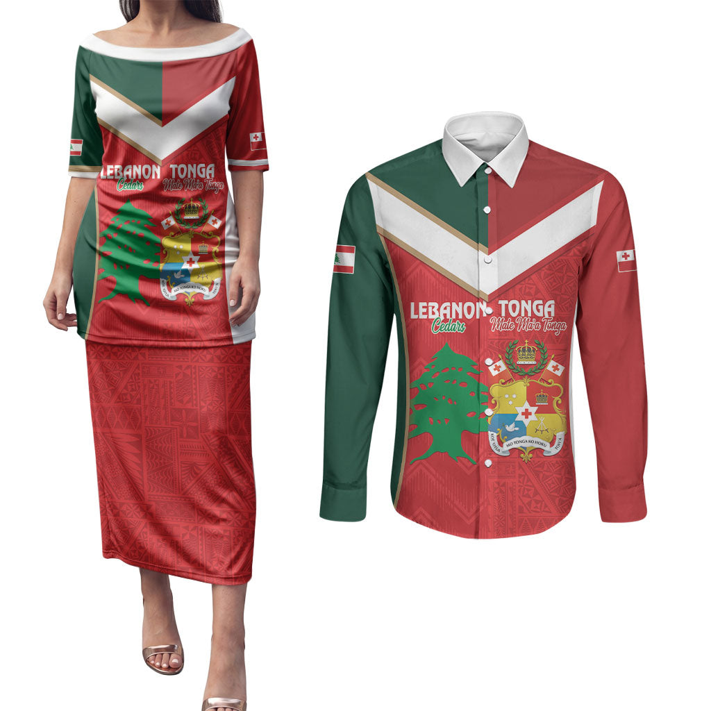 Custom Rugby Tonga and Lebanon Couples Matching Puletasi and Long Sleeve Button Shirt Mate Maa Tonga Cedars Together LT14 Multicolor - Polynesian Pride