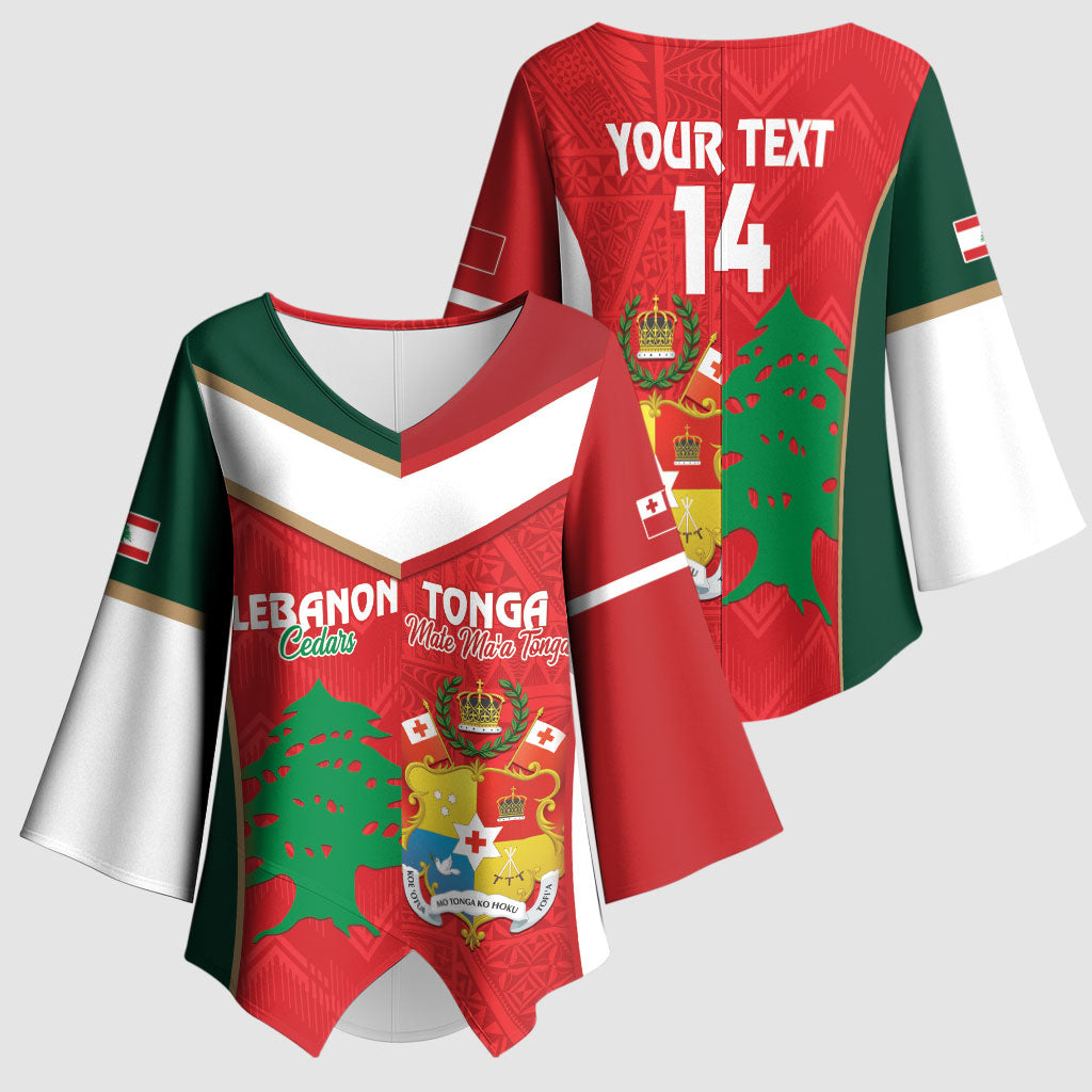 Custom Rugby Tonga and Lebanon Kimono Sleeve Blouse Mate Maa Tonga Cedars Together