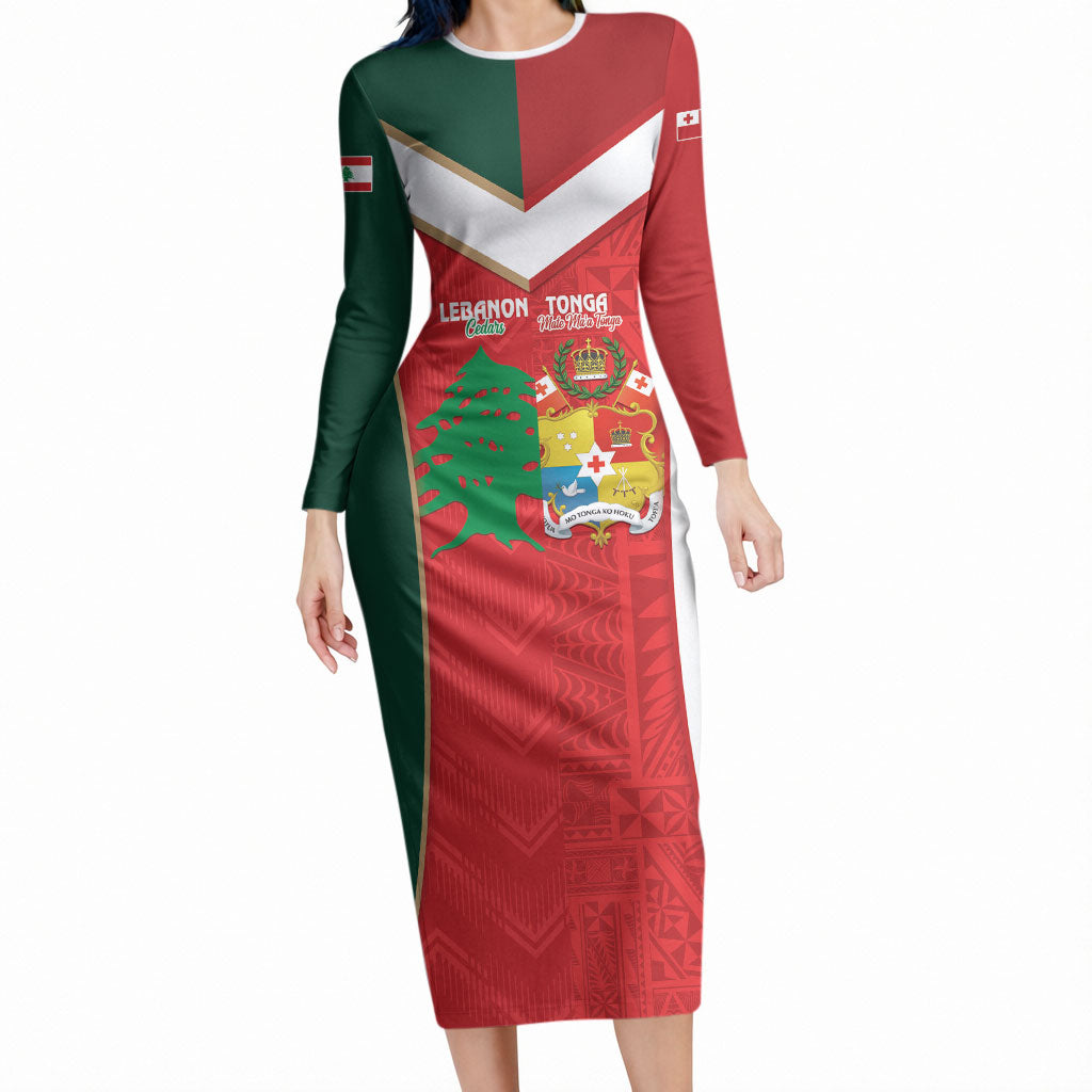 Custom Rugby Tonga and Lebanon Long Sleeve Bodycon Dress Mate Maa Tonga Cedars Together LT14 Long Dress Multicolor - Polynesian Pride