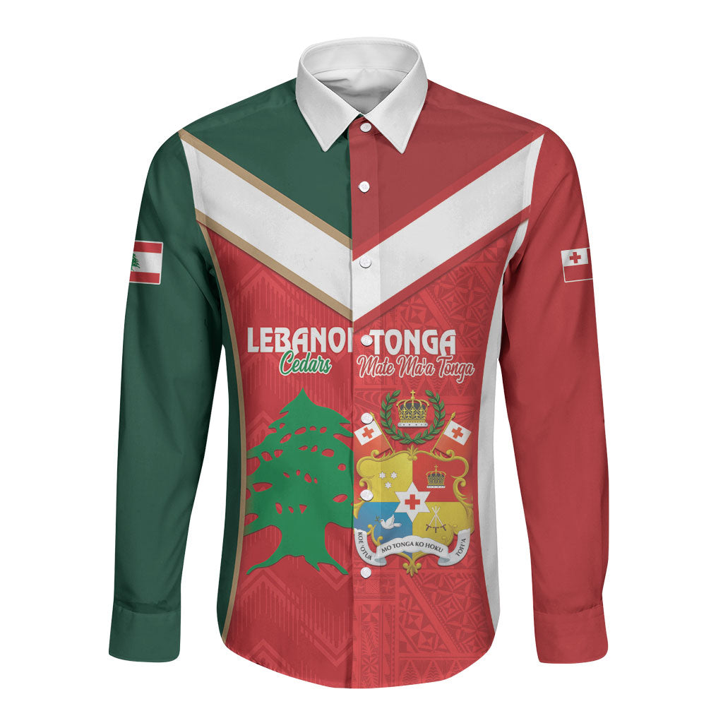 Custom Rugby Tonga and Lebanon Long Sleeve Button Shirt Mate Maa Tonga Cedars Together LT14 Unisex Multicolor - Polynesian Pride