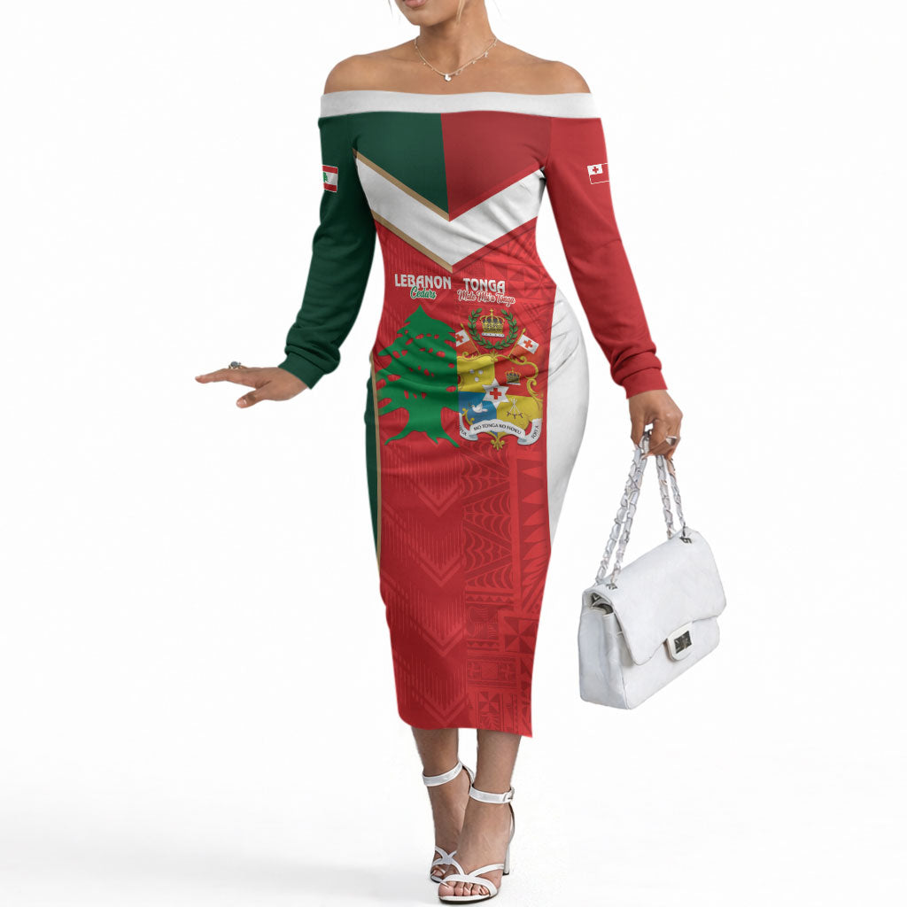 Custom Rugby Tonga and Lebanon Off The Shoulder Long Sleeve Dress Mate Maa Tonga Cedars Together LT14 Women Multicolor - Polynesian Pride