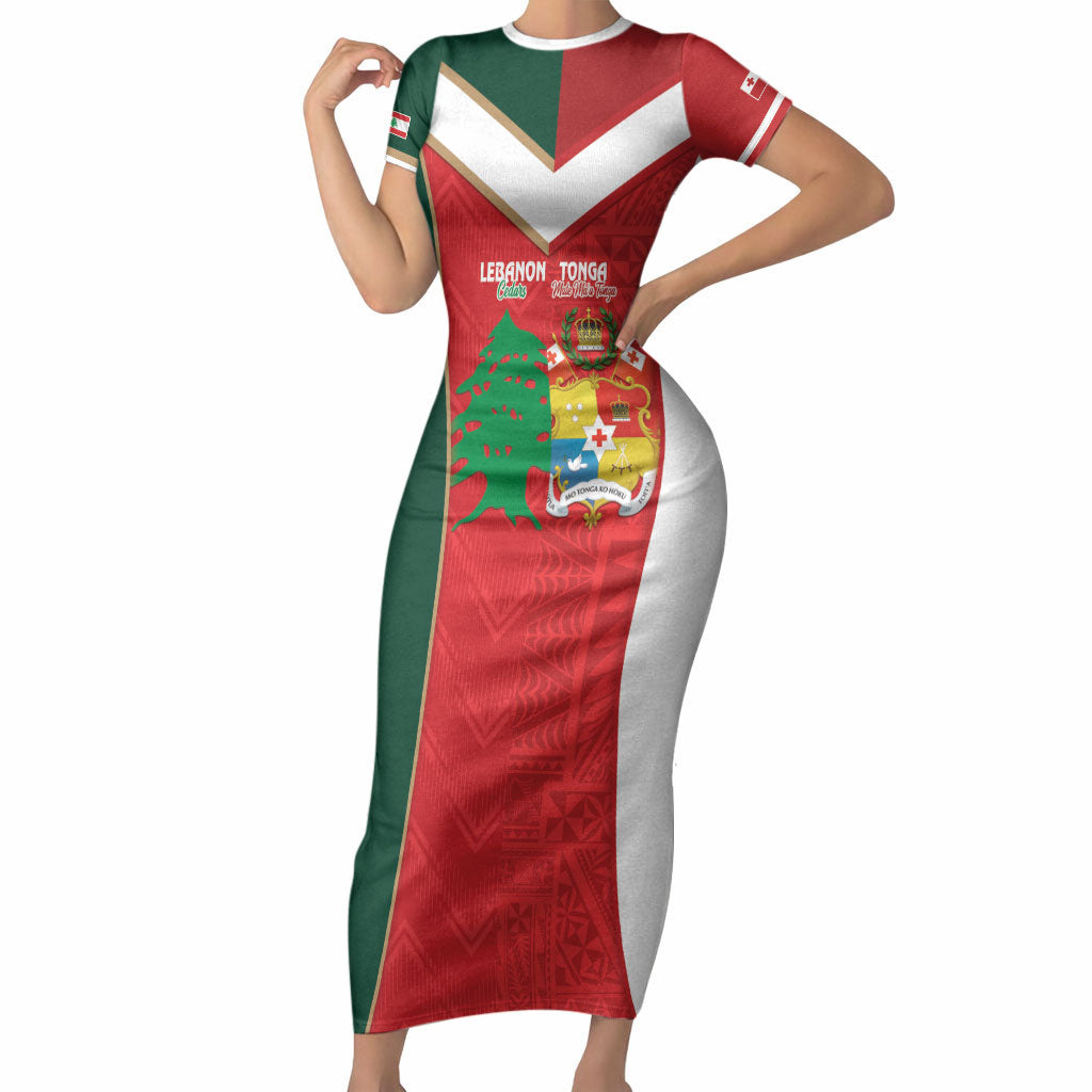 Custom Rugby Tonga and Lebanon Short Sleeve Bodycon Dress Mate Maa Tonga Cedars Together