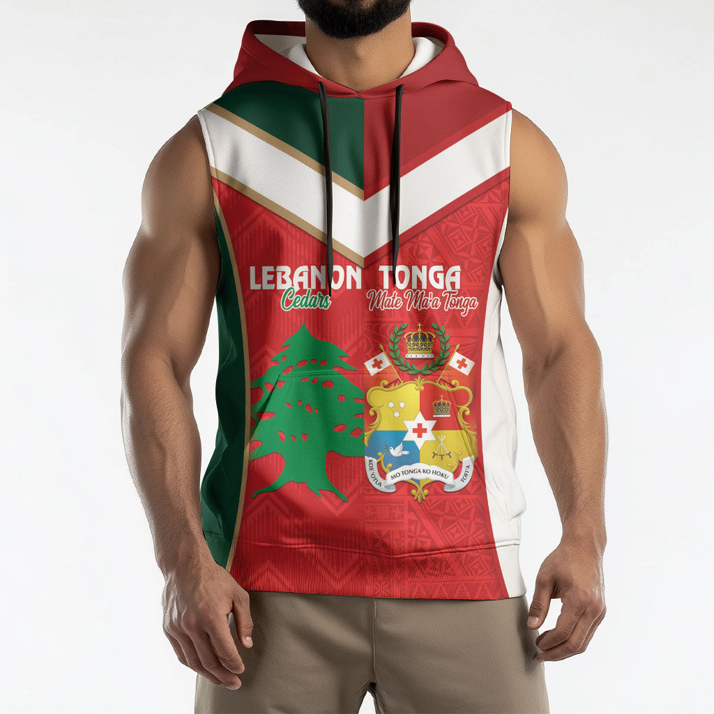 Custom Rugby Tonga and Lebanon Sleeveless Hoodie Mate Maa Tonga Cedars Together