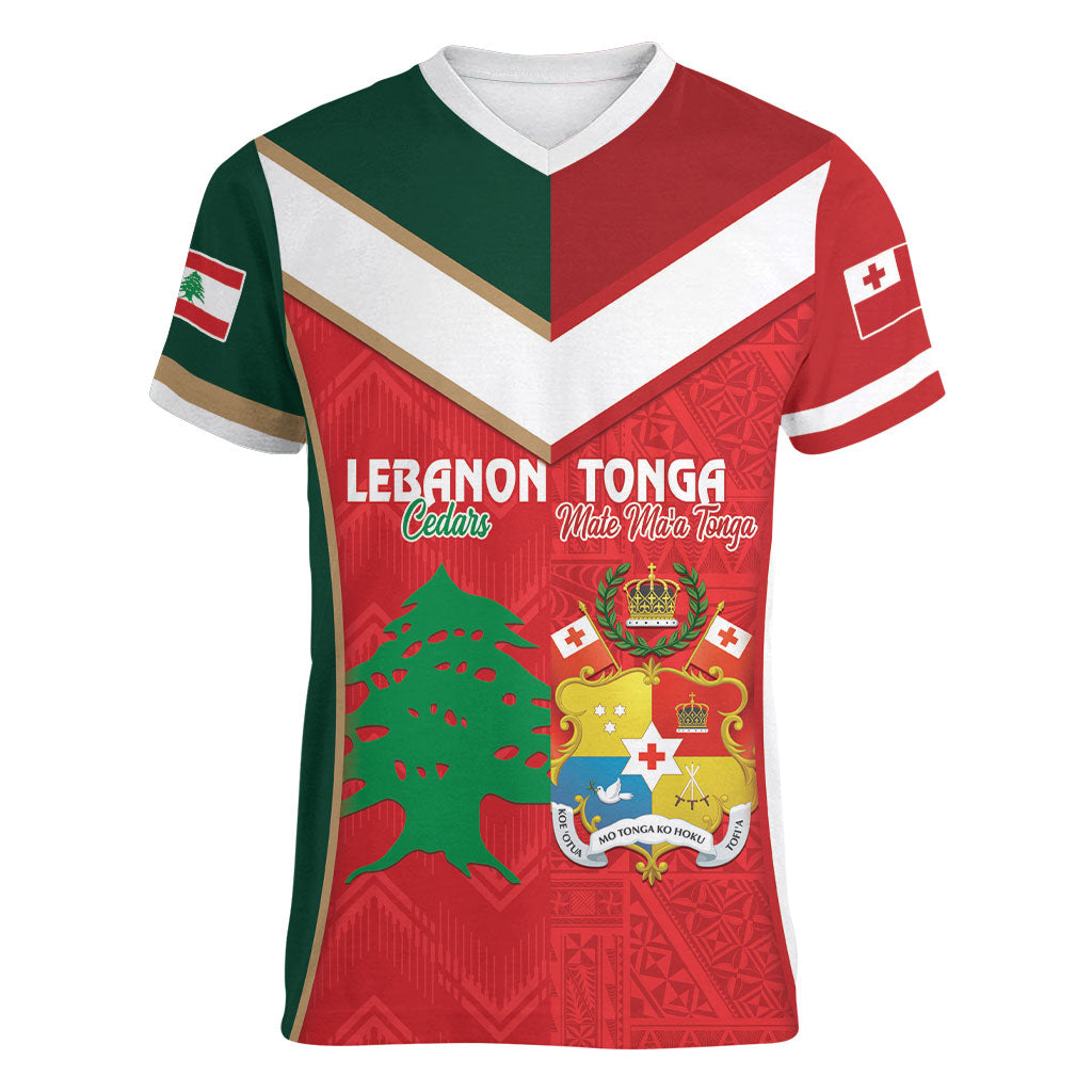 Custom Rugby Tonga and Lebanon Women V-Neck T-Shirt Mate Maa Tonga Cedars Together LT14 Female Multicolor - Polynesian Pride