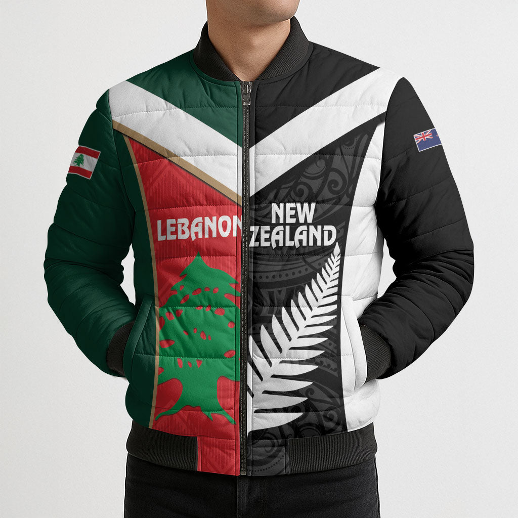 Custom Rugby New Zealand and Lebanon Bomber Puffer Jacket All Black Cedars Together