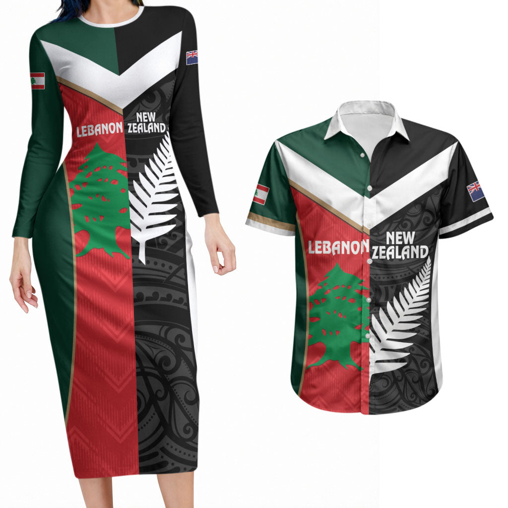 Custom Rugby New Zealand and Lebanon Couples Matching Long Sleeve Bodycon Dress and Hawaiian Shirt All Black Cedars Together LT14 Multicolor - Polynesian Pride