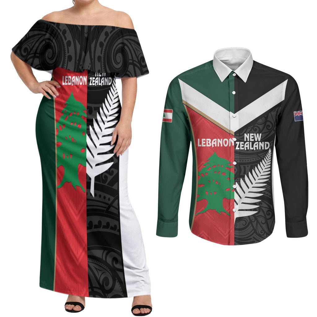 Custom Rugby New Zealand and Lebanon Couples Matching Off Shoulder Maxi Dress and Long Sleeve Button Shirt All Black Cedars Together LT14 Multicolor - Polynesian Pride