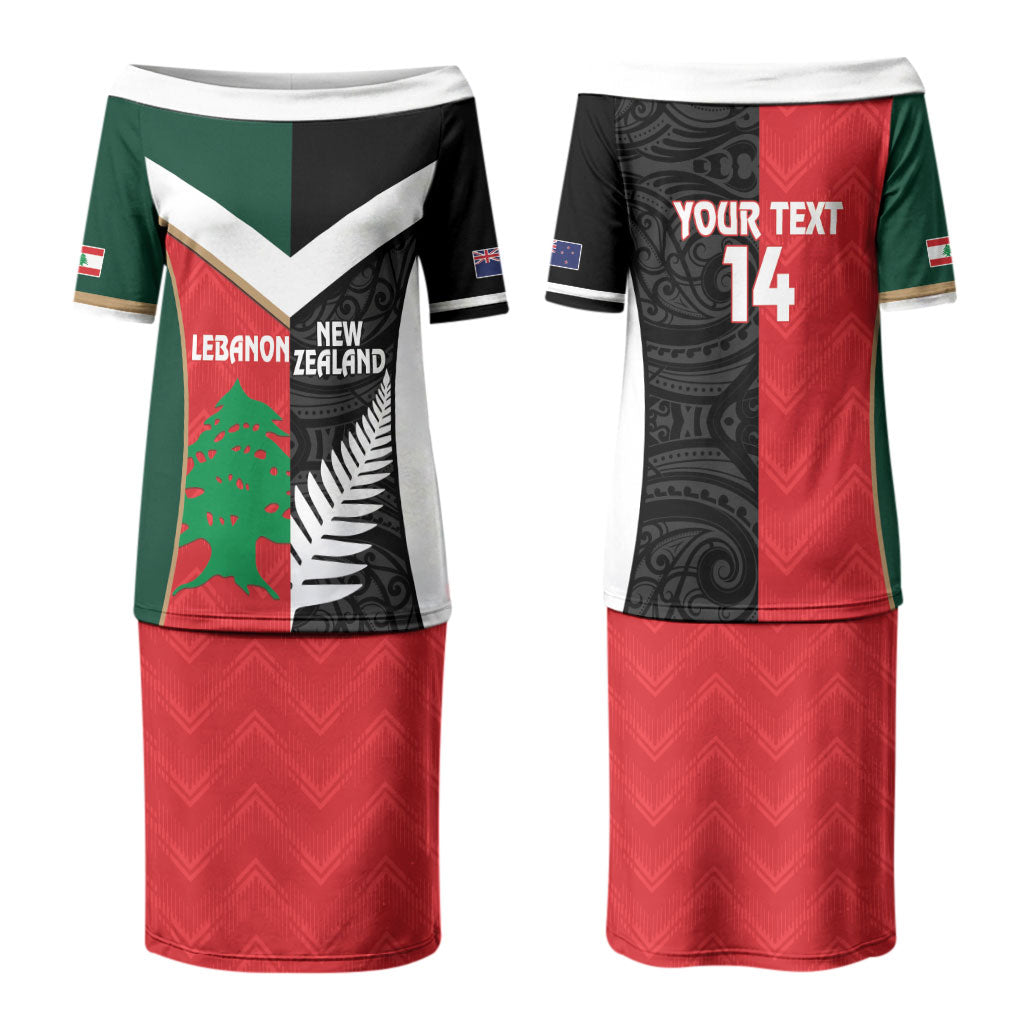 Custom Rugby New Zealand and Lebanon Couples Matching Puletasi and Long Sleeve Button Shirt All Black Cedars Together