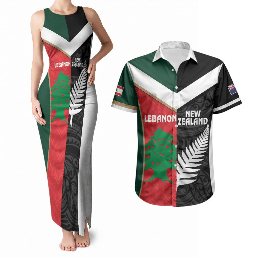 Custom Rugby New Zealand and Lebanon Couples Matching Tank Maxi Dress and Hawaiian Shirt All Black Cedars Together LT14 Multicolor - Polynesian Pride