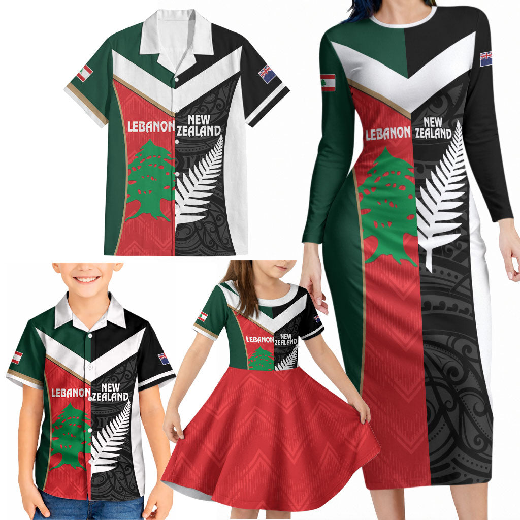 Custom Rugby New Zealand and Lebanon Family Matching Long Sleeve Bodycon Dress and Hawaiian Shirt All Black Cedars Together LT14 - Polynesian Pride