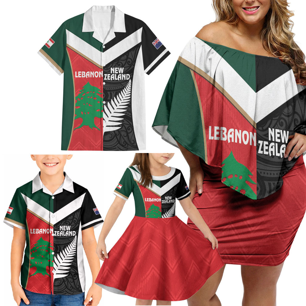 Custom Rugby New Zealand and Lebanon Family Matching Off Shoulder Short Dress and Hawaiian Shirt All Black Cedars Together LT14 - Polynesian Pride