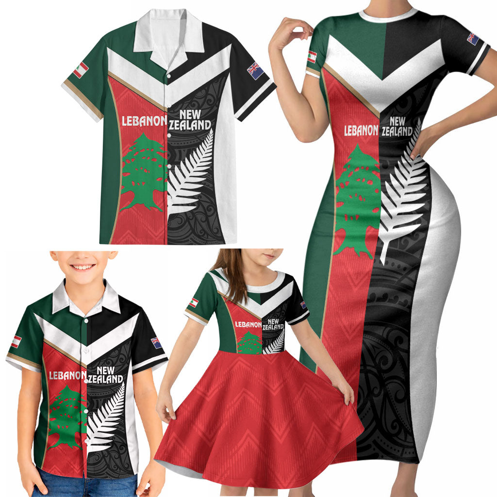 Custom Rugby New Zealand and Lebanon Family Matching Short Sleeve Bodycon Dress and Hawaiian Shirt All Black Cedars Together LT14 - Polynesian Pride