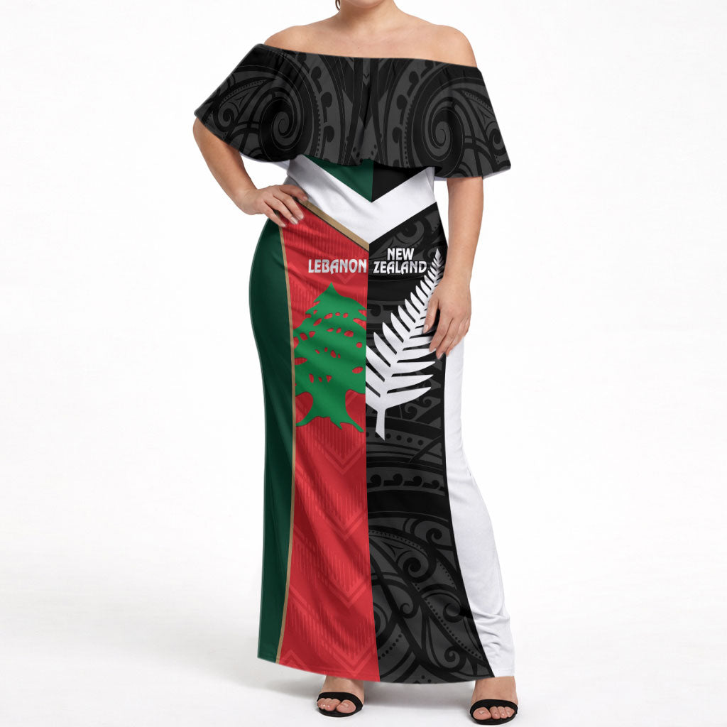 Custom Rugby New Zealand and Lebanon Off Shoulder Maxi Dress All Black Cedars Together LT14 Women Multicolor - Polynesian Pride