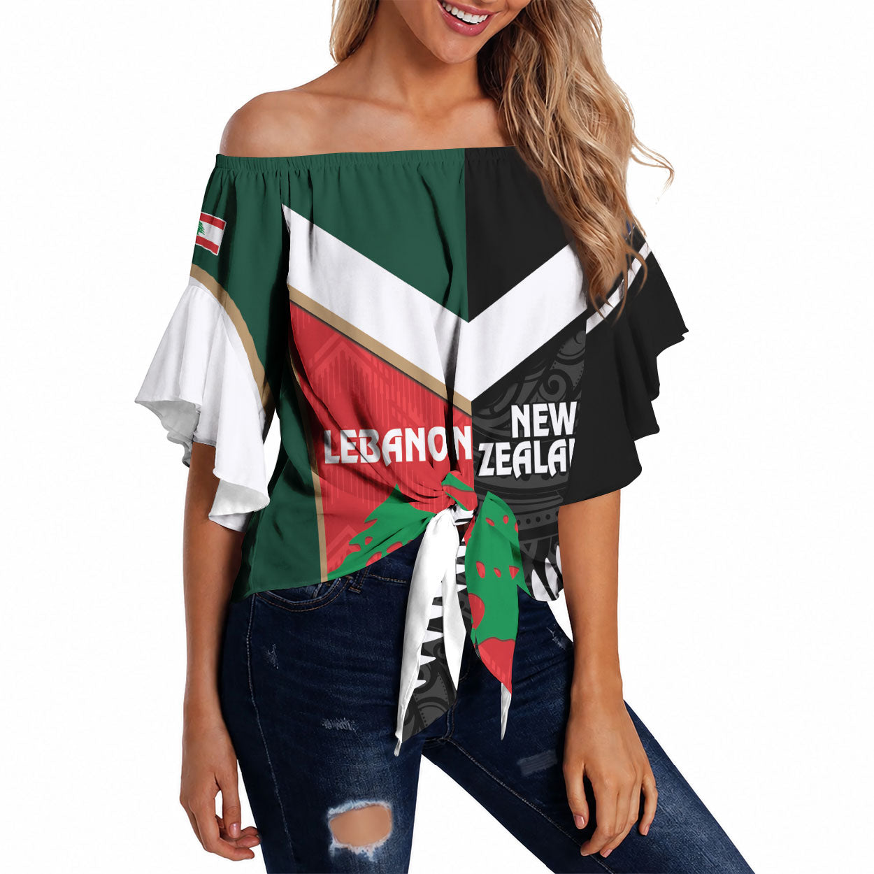 Custom Rugby New Zealand and Lebanon Off Shoulder Wrap Waist Top All Black Cedars Together LT14 Multicolor - Polynesian Pride