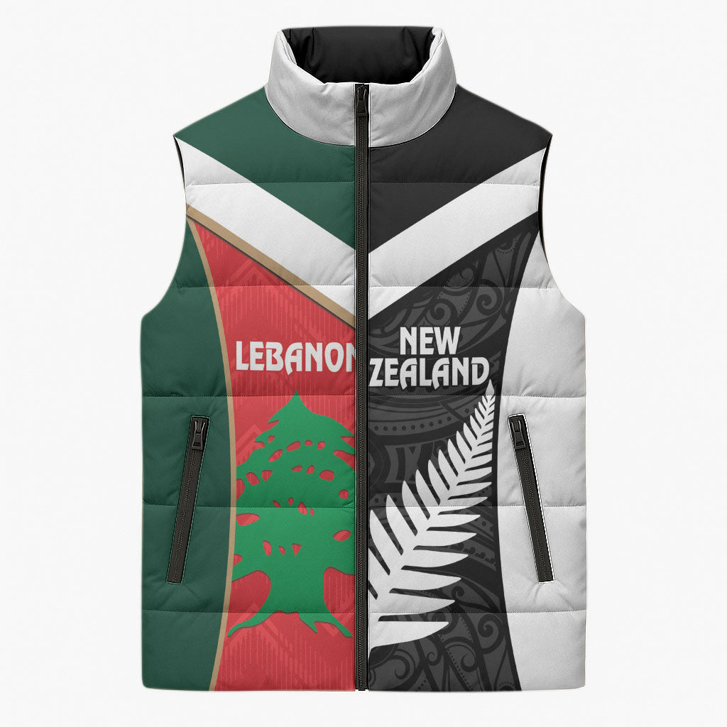 Custom Rugby New Zealand and Lebanon Sleeveless Puffer Jacket All Black Cedars Together LT14 Unisex Multicolor - Polynesian Pride