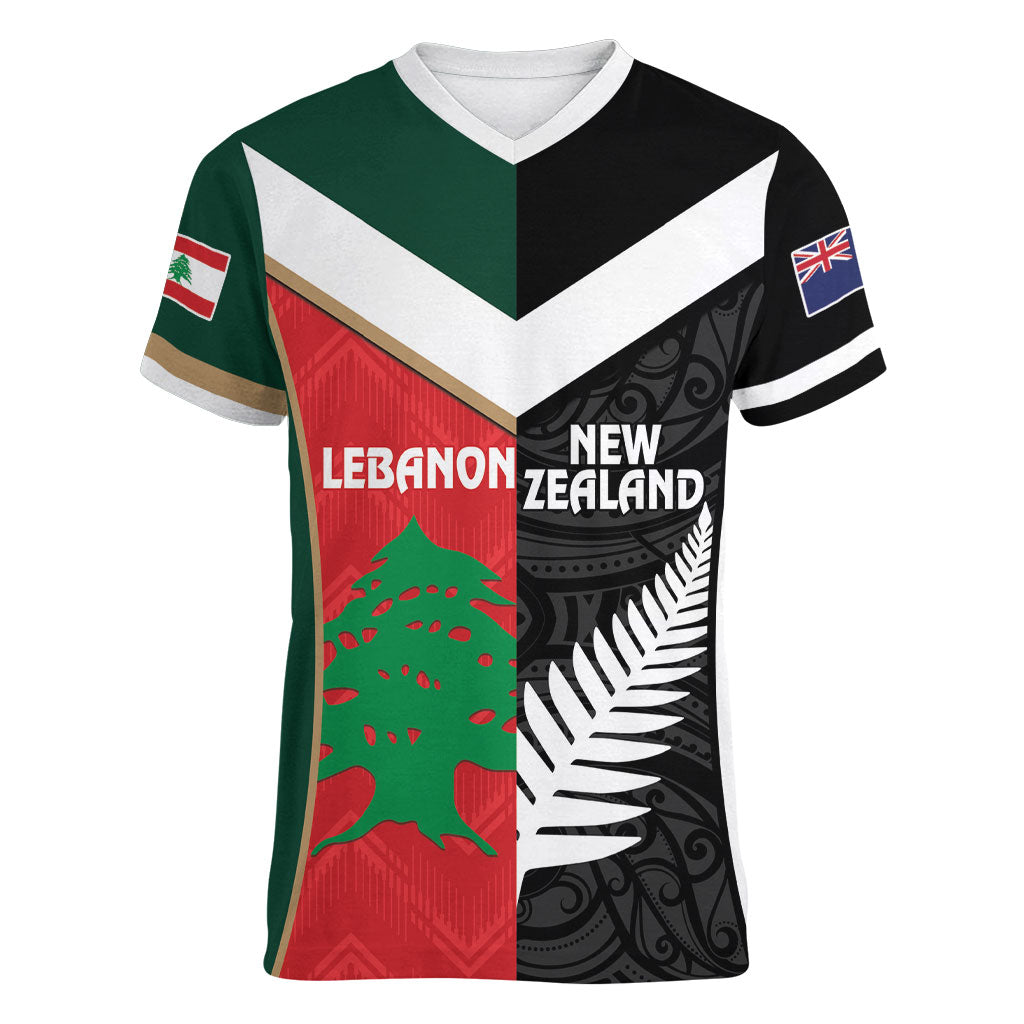 Custom Rugby New Zealand and Lebanon Women V-Neck T-Shirt All Black Cedars Together LT14 Female Multicolor - Polynesian Pride
