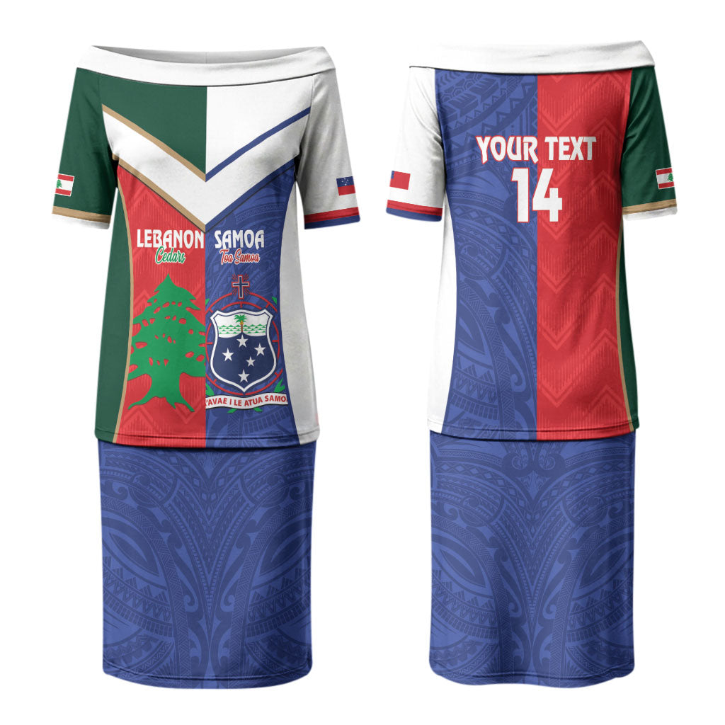 Custom Rugby Samoa and Lebanon Couples Matching Puletasi and Long Sleeve Button Shirt Toa Samoa Cedars Together