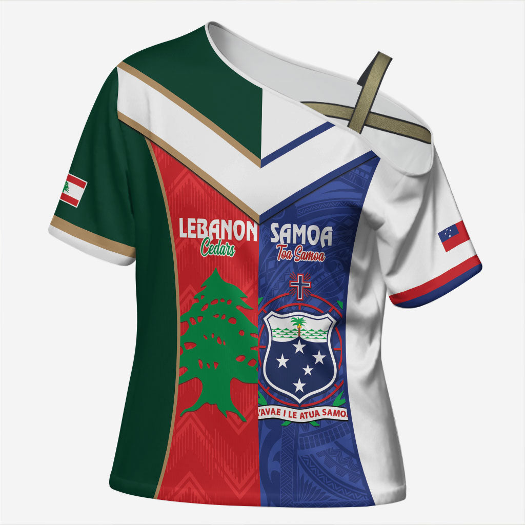 Custom Rugby Samoa and Lebanon Cross Shoulder Shirt Toa Samoa Cedars Together LT14 Female Multicolor - Polynesian Pride