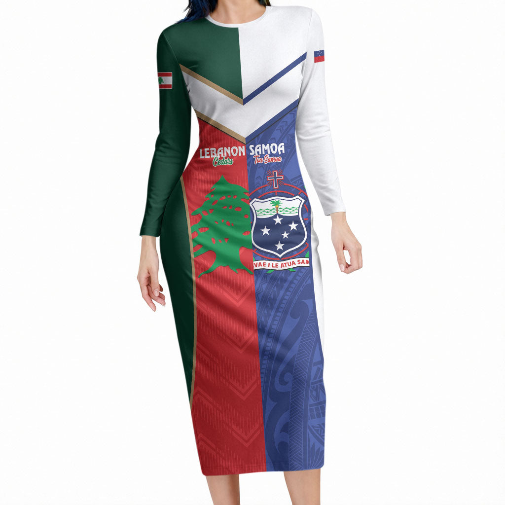 Custom Rugby Samoa and Lebanon Long Sleeve Bodycon Dress Toa Samoa Cedars Together LT14 Long Dress Multicolor - Polynesian Pride