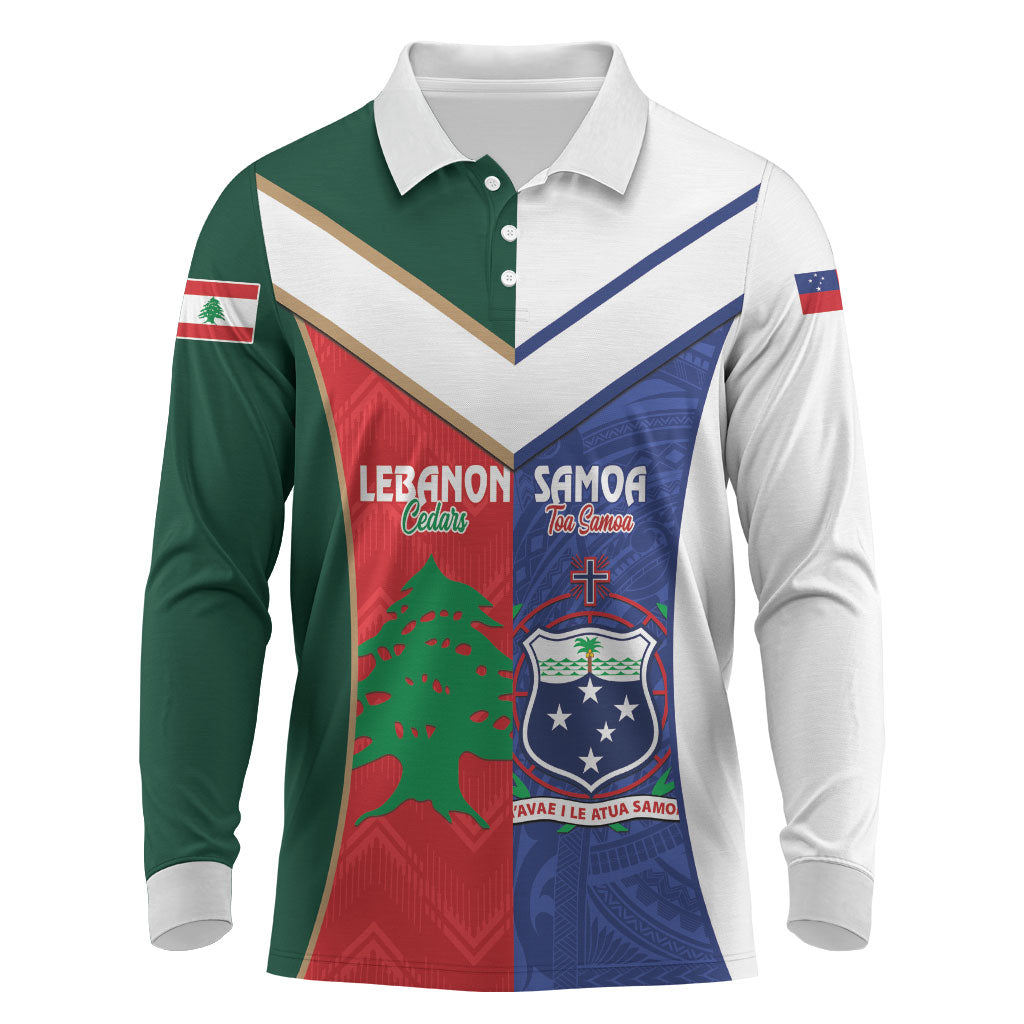 Custom Rugby Samoa and Lebanon Long Sleeve Polo Shirt Toa Samoa Cedars Together LT14 Multicolor - Polynesian Pride