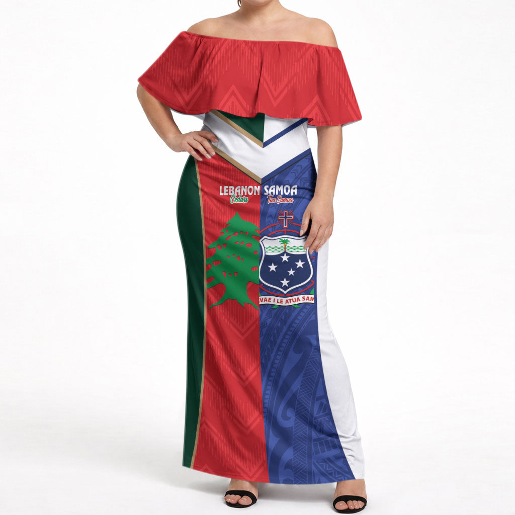 Custom Rugby Samoa and Lebanon Off Shoulder Maxi Dress Toa Samoa Cedars Together LT14 Women Multicolor - Polynesian Pride