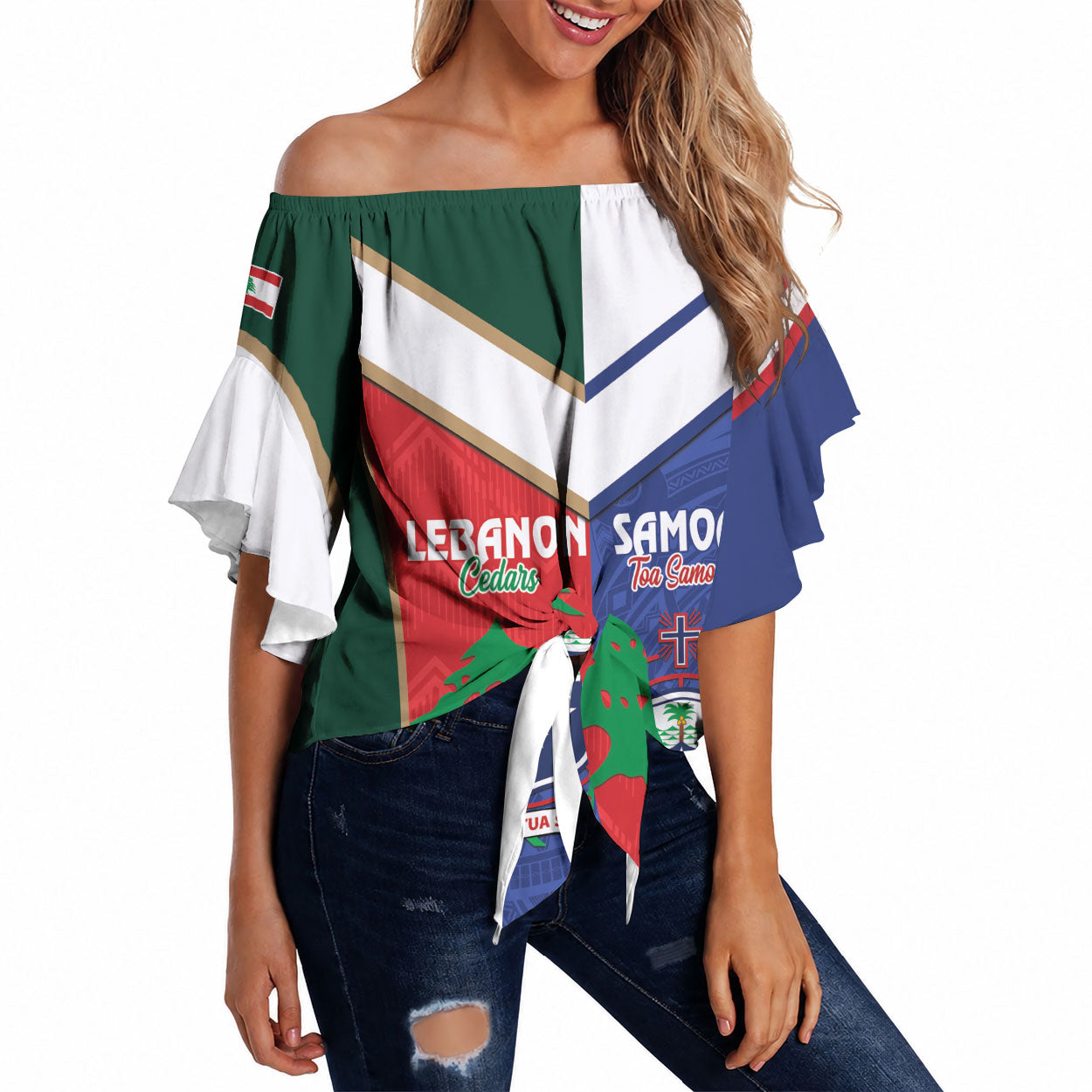 Custom Rugby Samoa and Lebanon Off Shoulder Wrap Waist Top Toa Samoa Cedars Together LT14 Multicolor - Polynesian Pride