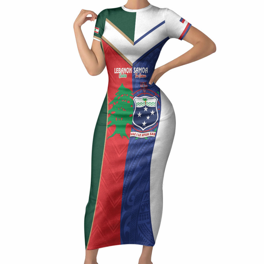 Custom Rugby Samoa and Lebanon Short Sleeve Bodycon Dress Toa Samoa Cedars Together LT14 Long Dress Multicolor - Polynesian Pride