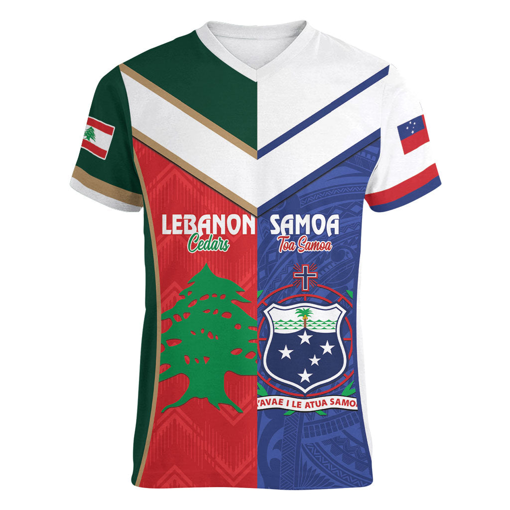 Custom Rugby Samoa and Lebanon Women V-Neck T-Shirt Toa Samoa Cedars Together LT14 Female Multicolor - Polynesian Pride