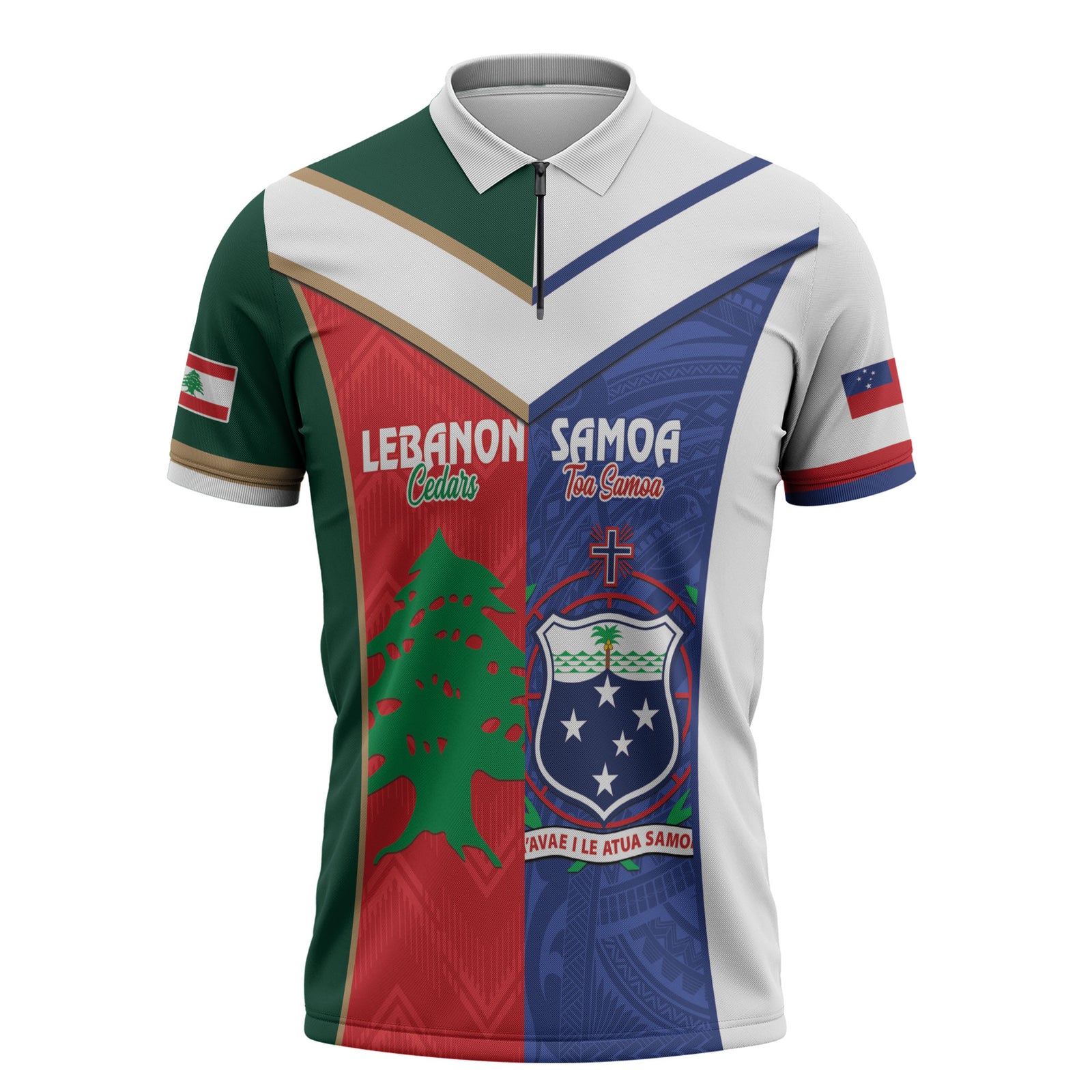 Custom Rugby Samoa and Lebanon Zipper Polo Shirt Toa Samoa Cedars Together LT14 Multicolor - Polynesian Pride