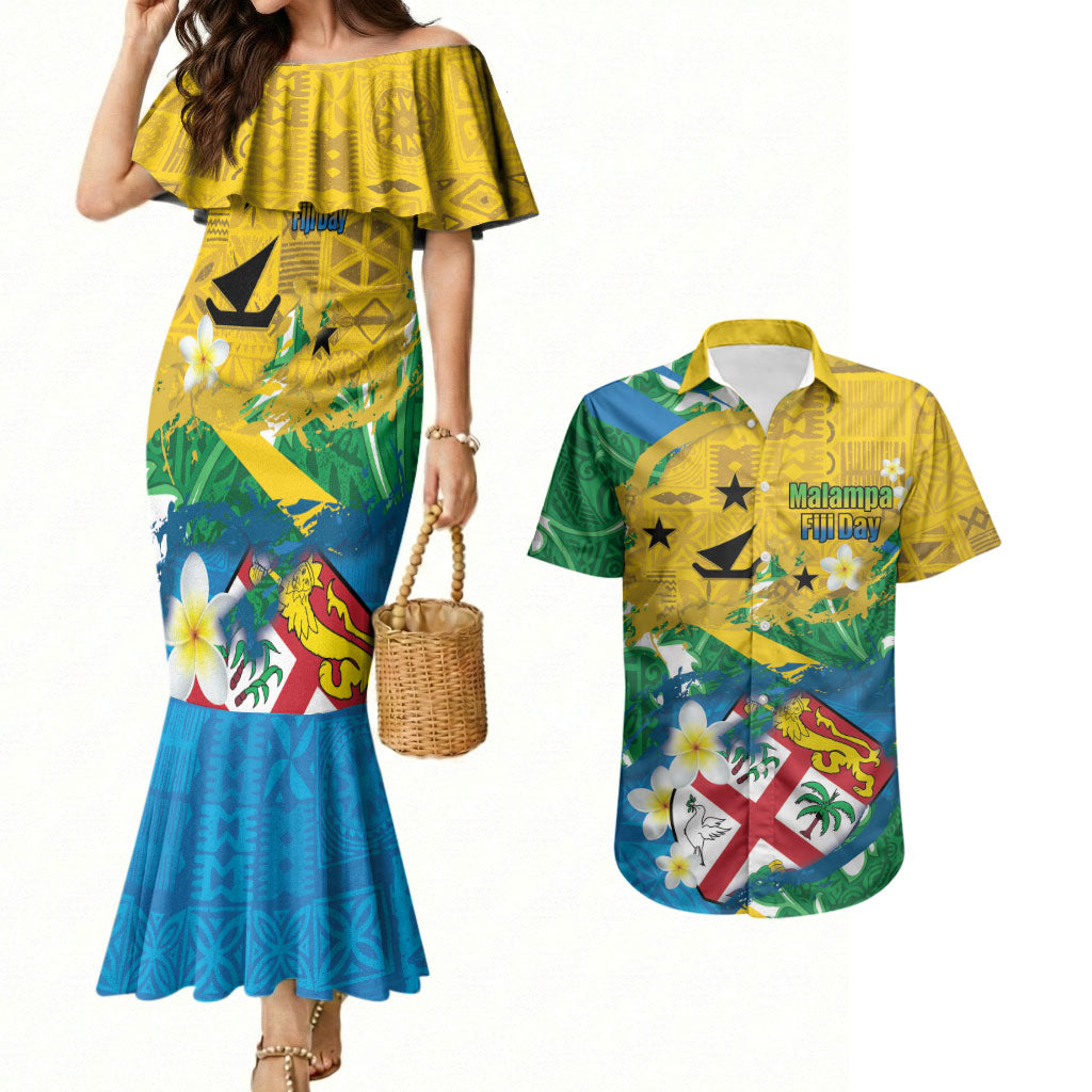 Malampa Fiji Day Couples Matching Mermaid Dress and Hawaiian Shirt 10 October Together We Grow Grunge Tapa Motifs LT14 Multicolor - Polynesian Pride