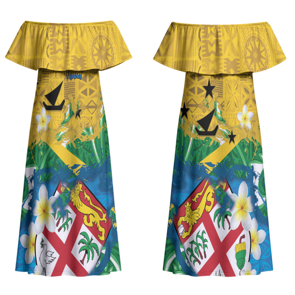 Malampa Fiji Day Couples Matching Off Shoulder Maxi Dress and Long Sleeve Button Shirt 10 October Together We Grow Grunge Tapa Motifs