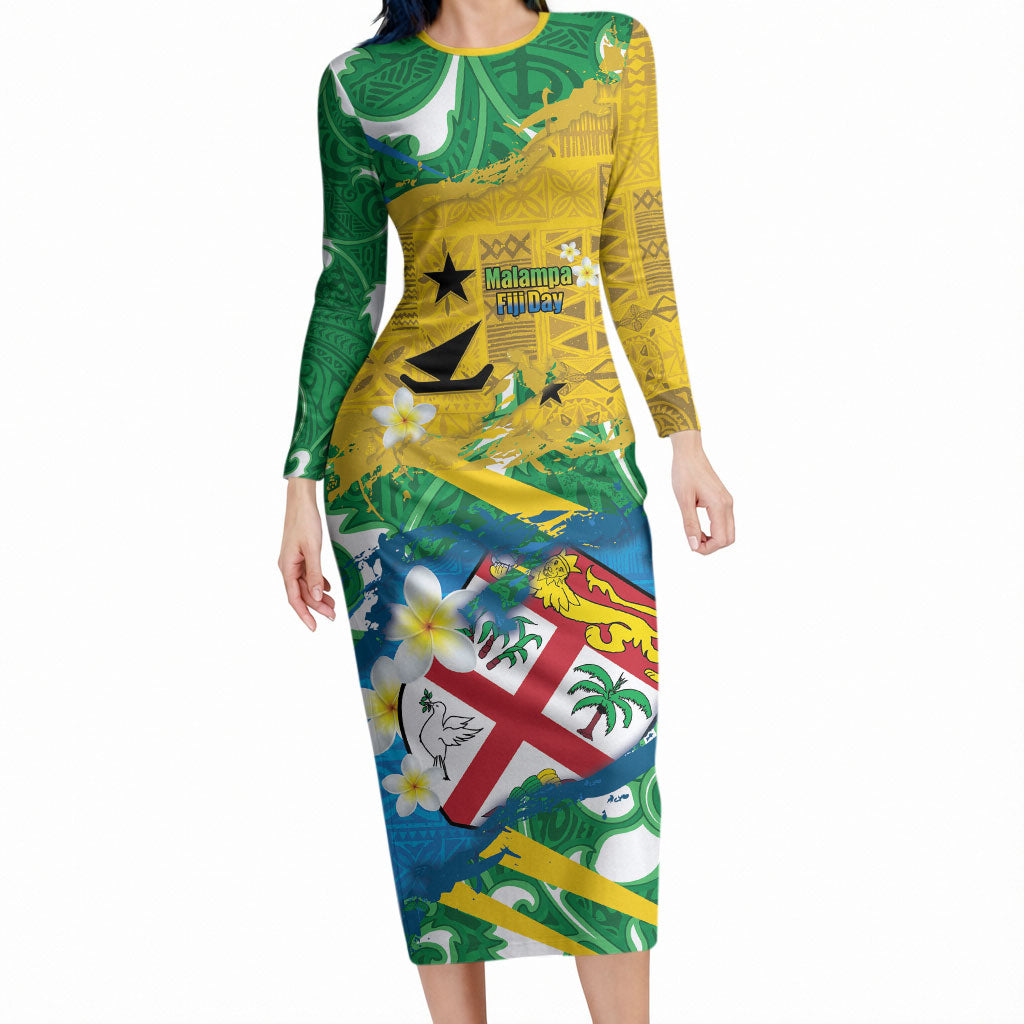 Malampa Fiji Day Long Sleeve Bodycon Dress 10 October Together We Grow Grunge Tapa Motifs LT14 Long Dress Multicolor - Polynesian Pride