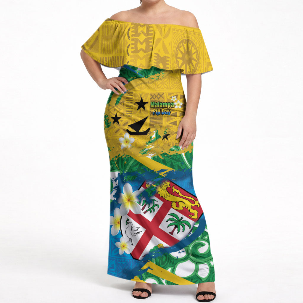 Malampa Fiji Day Off Shoulder Maxi Dress 10 October Together We Grow Grunge Tapa Motifs LT14 Women Multicolor - Polynesian Pride