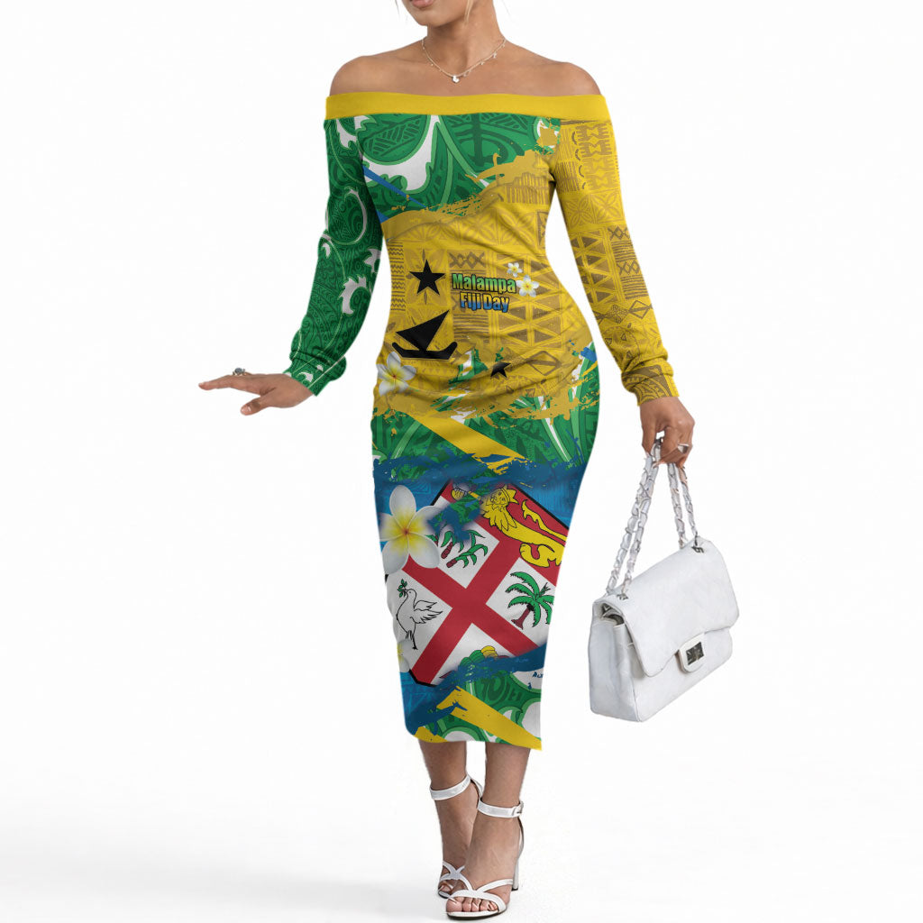 Malampa Fiji Day Off The Shoulder Long Sleeve Dress 10 October Together We Grow Grunge Tapa Motifs LT14 Women Multicolor - Polynesian Pride