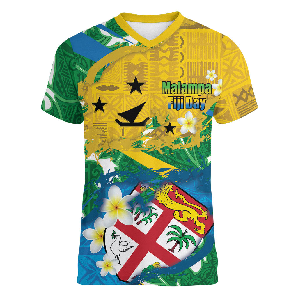Malampa Fiji Day Women V-Neck T-Shirt 10 October Together We Grow Grunge Tapa Motifs LT14 Female Multicolor - Polynesian Pride