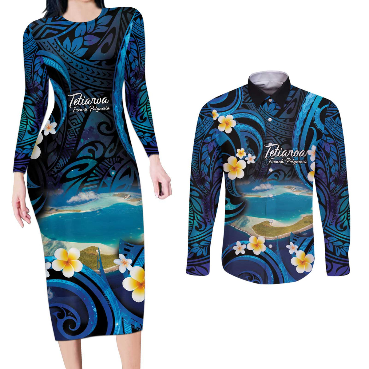 French Polynesia Tetiaroa Atoll Couples Matching Long Sleeve Bodycon Dress and Long Sleeve Button Shirt Polynesian Curves Style LT14 Blue - Polynesian Pride