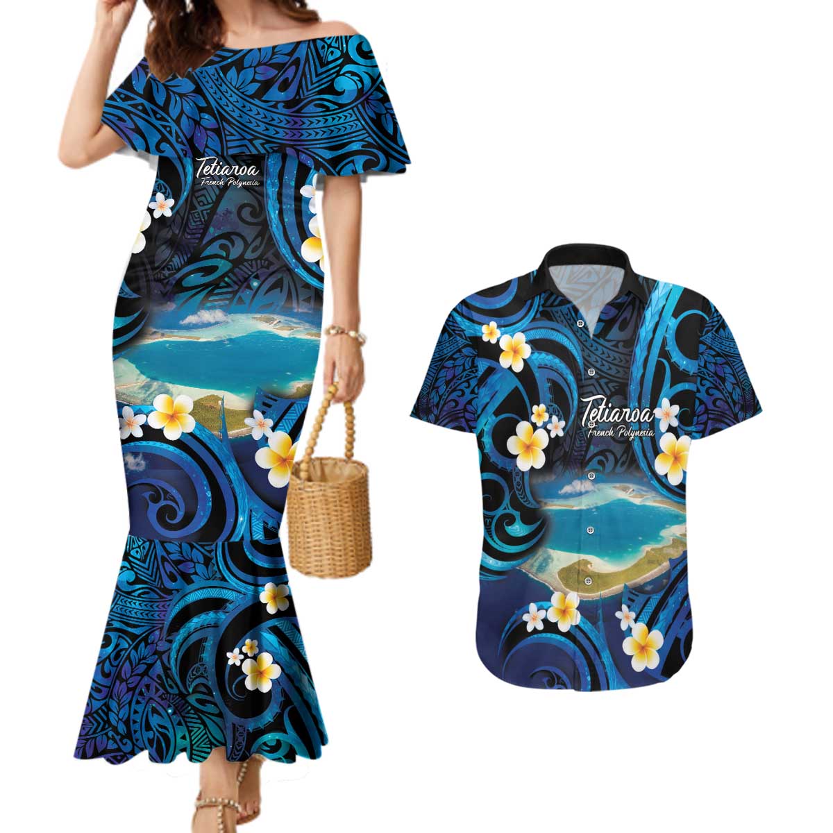 French Polynesia Tetiaroa Atoll Couples Matching Mermaid Dress and Hawaiian Shirt Polynesian Curves Style