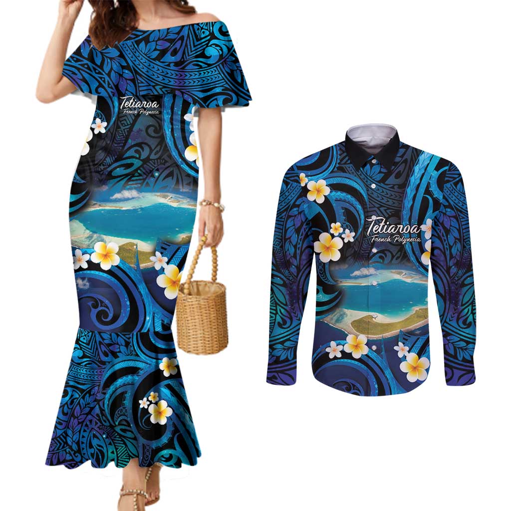 French Polynesia Tetiaroa Atoll Couples Matching Mermaid Dress and Long Sleeve Button Shirt Polynesian Curves Style